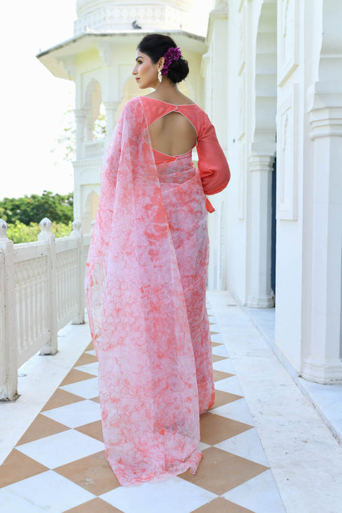 MULMUL SHUBHRA CORAL ORGANZA SAREE MULMUL SHUBHRA CORAL ORGANZA SAREE